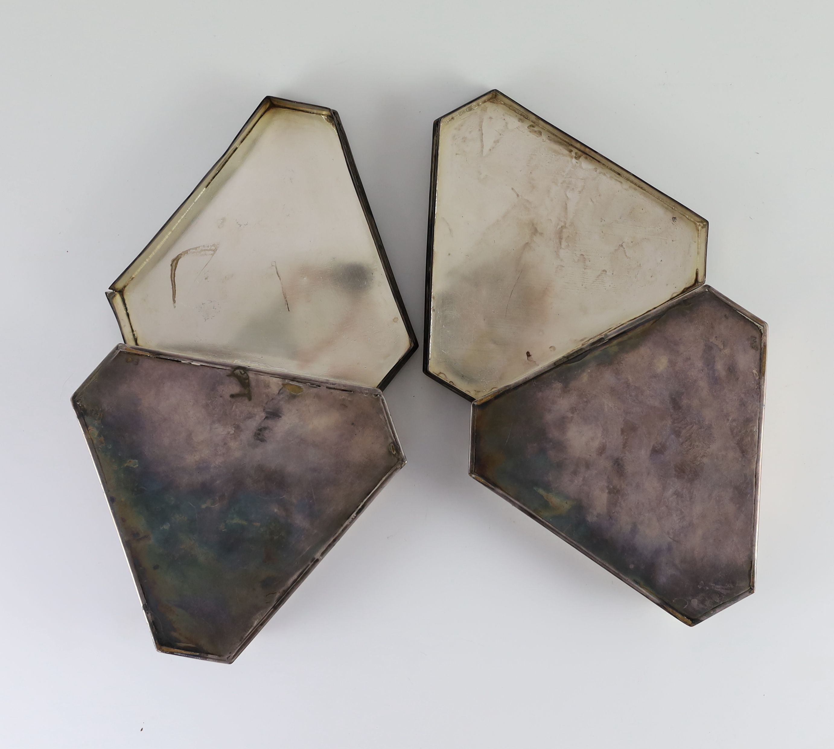 A pair of unusual Art Deco electroplated and cloisonné enamel panelled boxes and covers, 14 x 16cm height 6cm